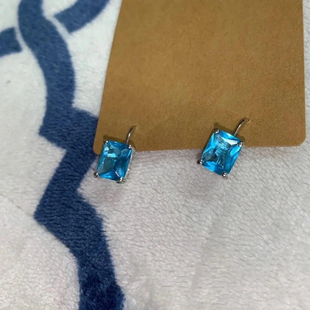 Silver Tone Blue Rectangle Gemstone Lever Back Earrings - Picture 2 of 7